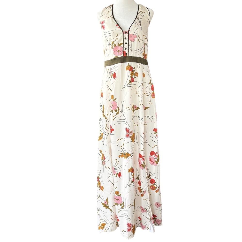 Modcloth Ivory Floral Halter Maxi Dress Womens‎ 14 High Slit Retro Nostalgic
